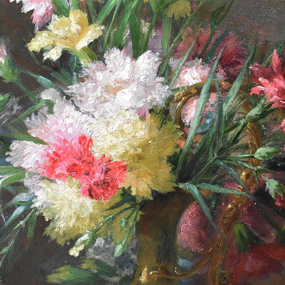 Quadri Antichi, Natura Morta, Fiori Con Garofani, Pittura Ad Olio Su Tela, XIX. In Good Condition In Breganze, VI
