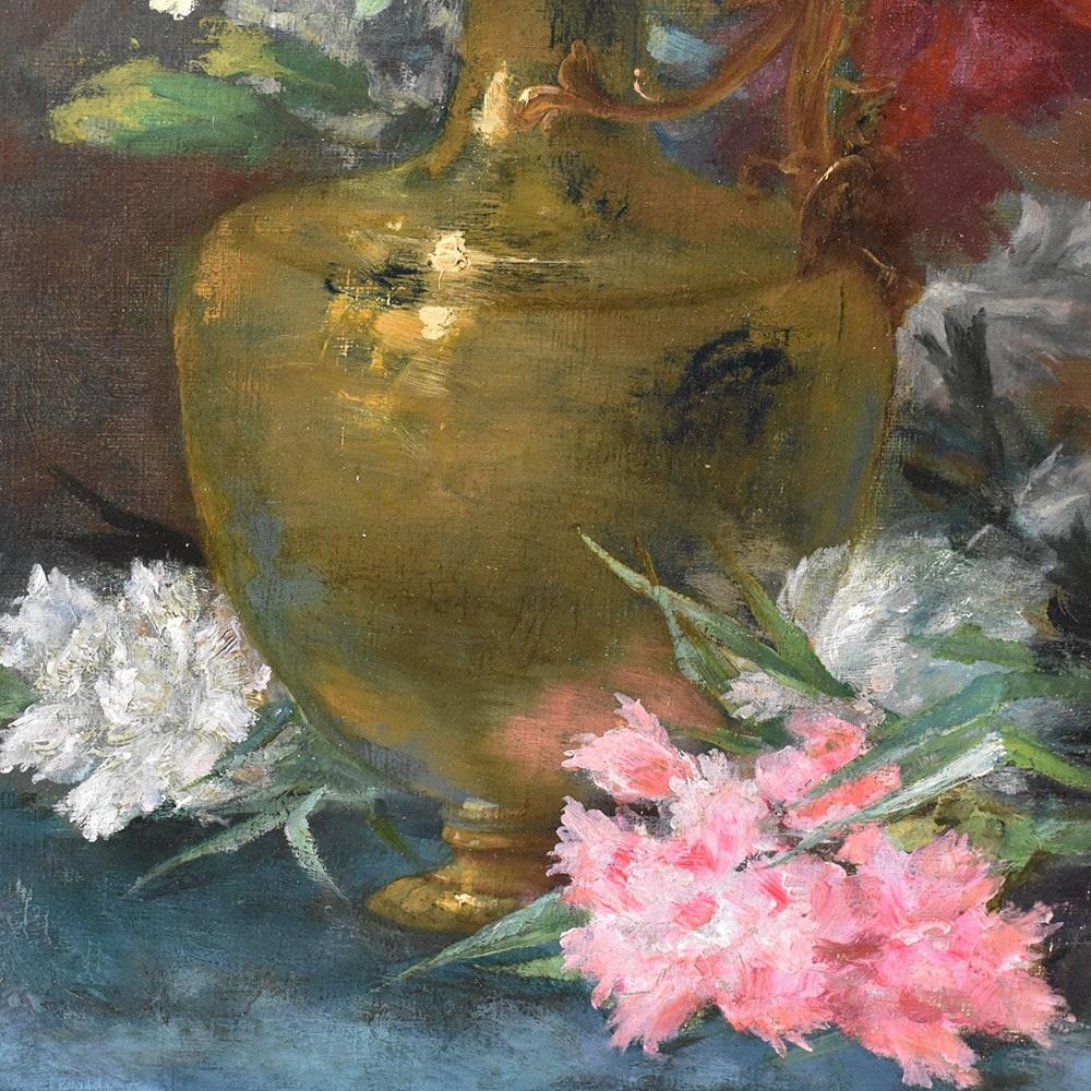 19th Century Quadri Antichi, Natura Morta, Fiori Con Garofani, Pittura Ad Olio Su Tela, XIX.
