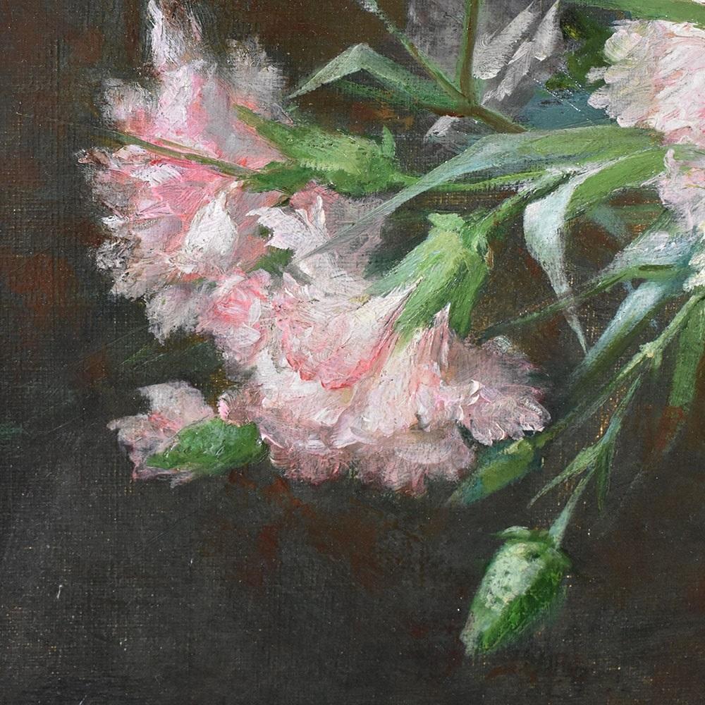 Canvas Quadri Antichi, Natura Morta, Fiori Con Garofani, Pittura Ad Olio Su Tela, XIX.