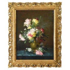 Quadri Antichi, Natura Morta, Fiori Con Garofani, Pittura Ad Olio Su Tela, XIX.
