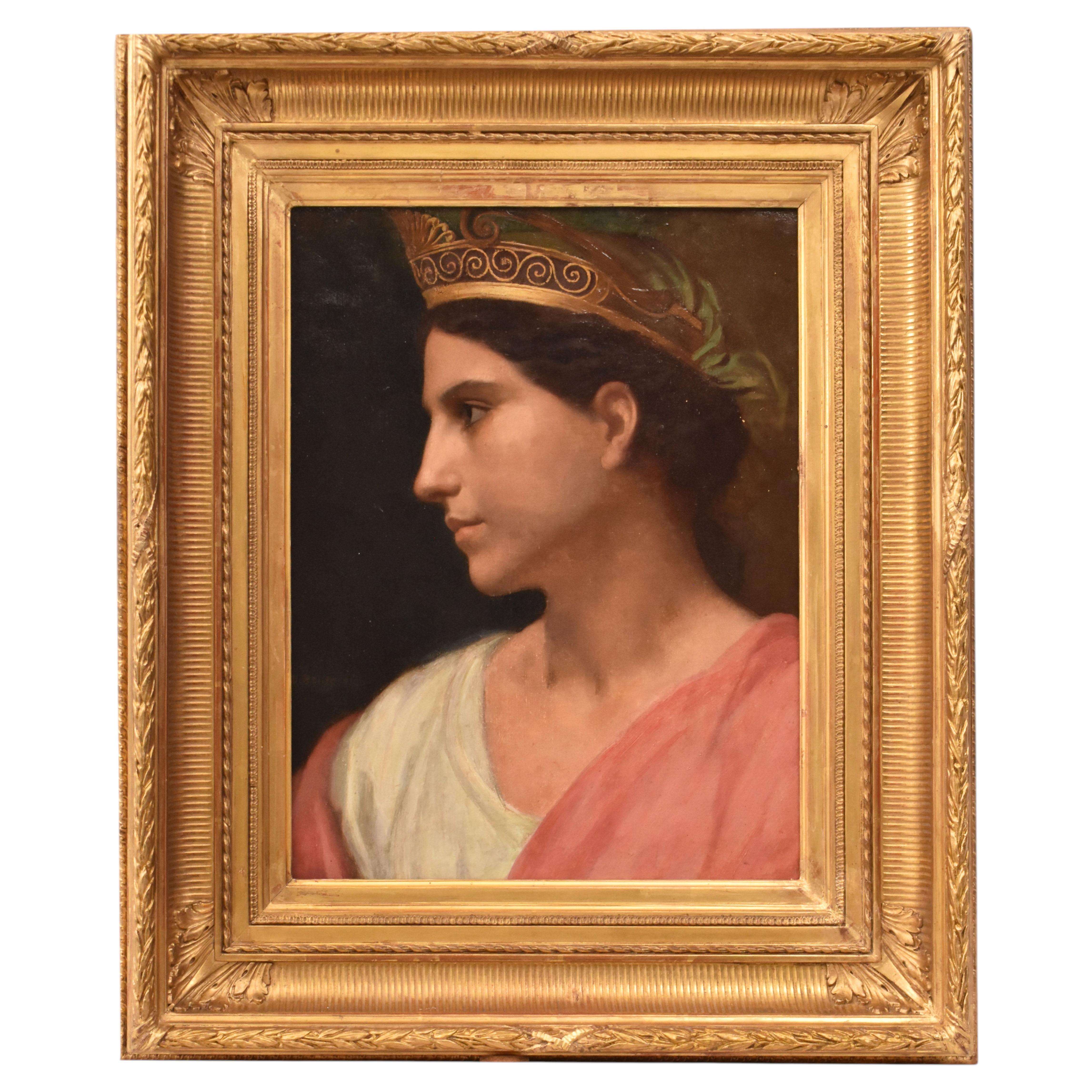 Antique Paintings, Oil On Canvas, Portrait Of Neoclassical Woman, 19th Century