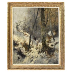 Gemälde Alter Meister, Landschaft mit Schnee, Öl auf Leinwand, Unter verschneiten Wäldern, 19.