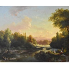 Quadri Antichi, Paesaggio Fluviale Con Bagnanti, Olio Su Tela, Epoca XIX secolo.