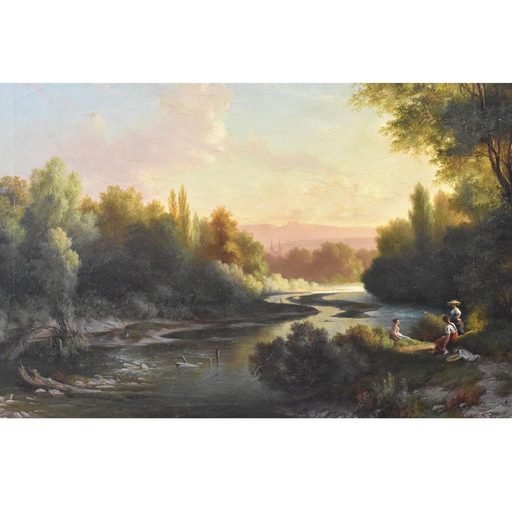 Charles X Quadri Antichi, Paesaggio Fluviale Con Bagnanti, Olio Su Tela, Epoca XIX secolo.