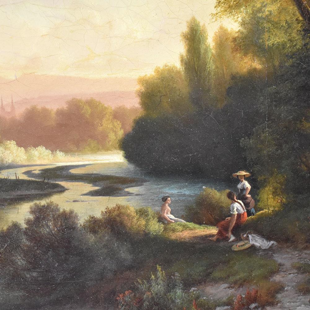 French Quadri Antichi, Paesaggio Fluviale Con Bagnanti, Olio Su Tela, Epoca XIX secolo.