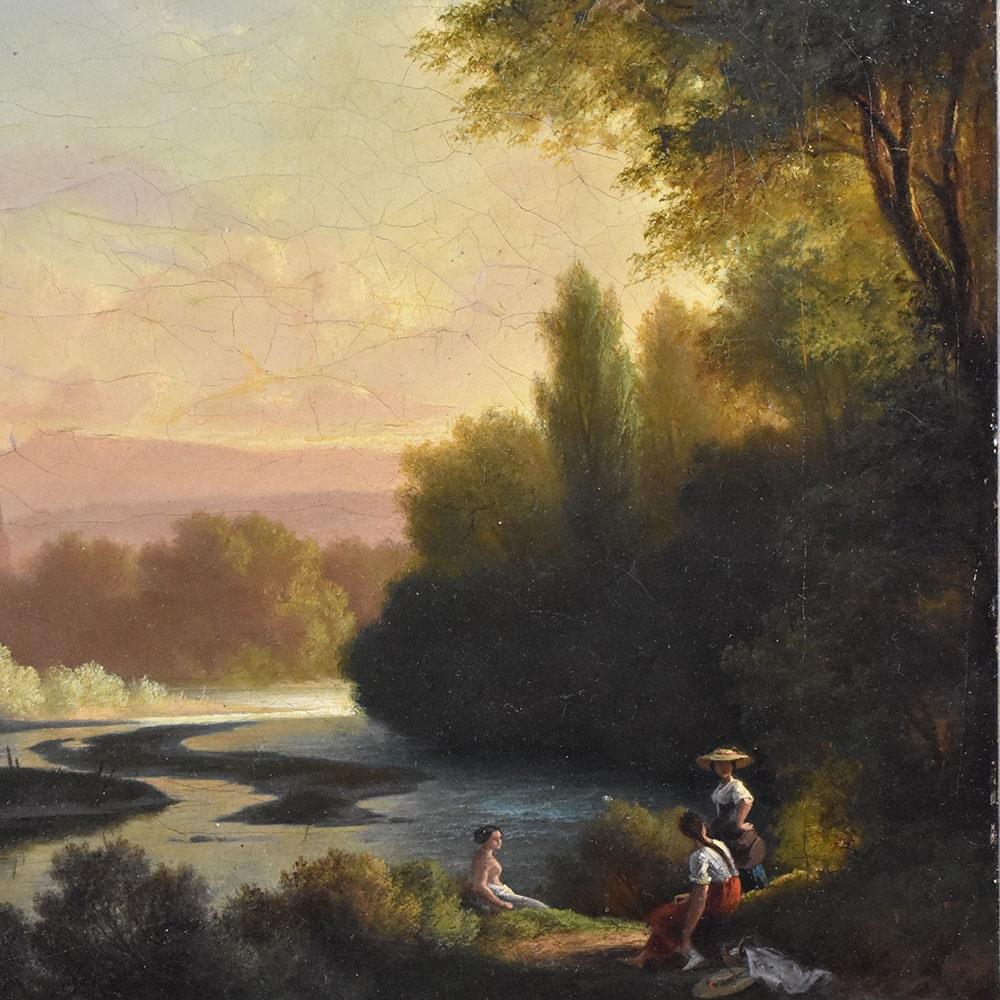 Oiled Quadri Antichi, Paesaggio Fluviale Con Bagnanti, Olio Su Tela, Epoca XIX secolo.