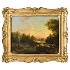 Antique Paintings, River Landscape With Bathers, Oil On Canvas, 19th century era.