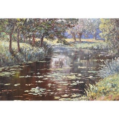 Quadri Antichi, Paesaggio Francese Con Fiume, Olio Su Tela, Primi Del Novecento.