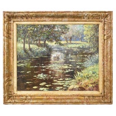 Tableaux de maîtres anciens, paysage français avec rivière, huile sur toile, début du 20e siècle.