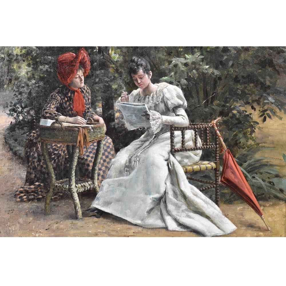 La categoria Quadri Antichi, Ritratti Antichi di Donna propone il ritratto di due Giovani Donne Eleganti che
leggono delle riviste sedute in un parco, una Pittura Ad Olio Su Tela della fine dell'800. Del XIX secolo.

Si tratta di ritratti di Dame,