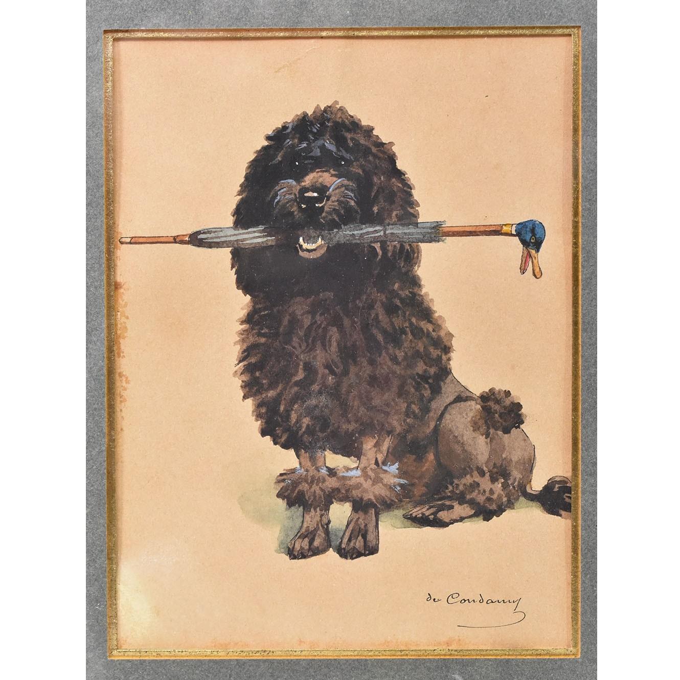 The category Antique Paintings Portraits of Dogs features a small painting, a Watercolor on paper with
a portrait of a Black Poodle dog, late 1800s era.  

This is a pleasant portrait of a small dog, a black-haired poodle 
carrying a small