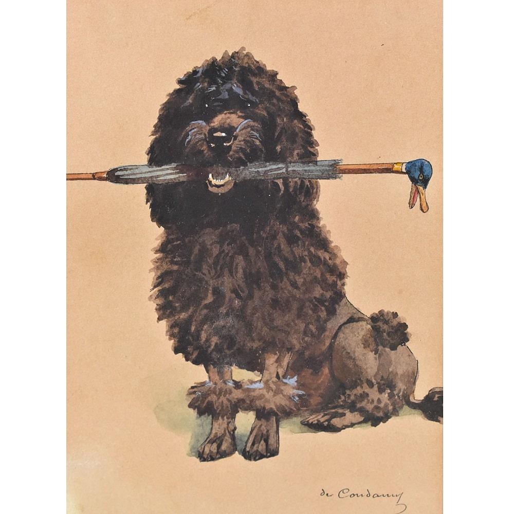 Napoleon III Antique Paintings Portraits Of Dogs, Watercolor On Paper, Black Poodle, Late 19th. For Sale