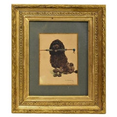 Vintage Paintings Portraits Of Dogs, Watercolor On Paper, Black Poodle, Late 19th.