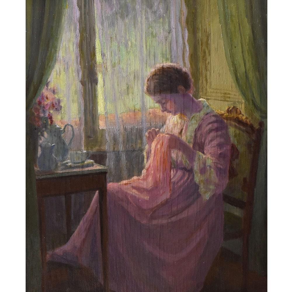 The antique paintings category offers a Beautiful Portrait of Young Woman Sewing at the Window, 
an oil painting on panel, from the Mid-twentieth century. 

This is a portrait of a girl in a domestic setting, portrayed in an intimate