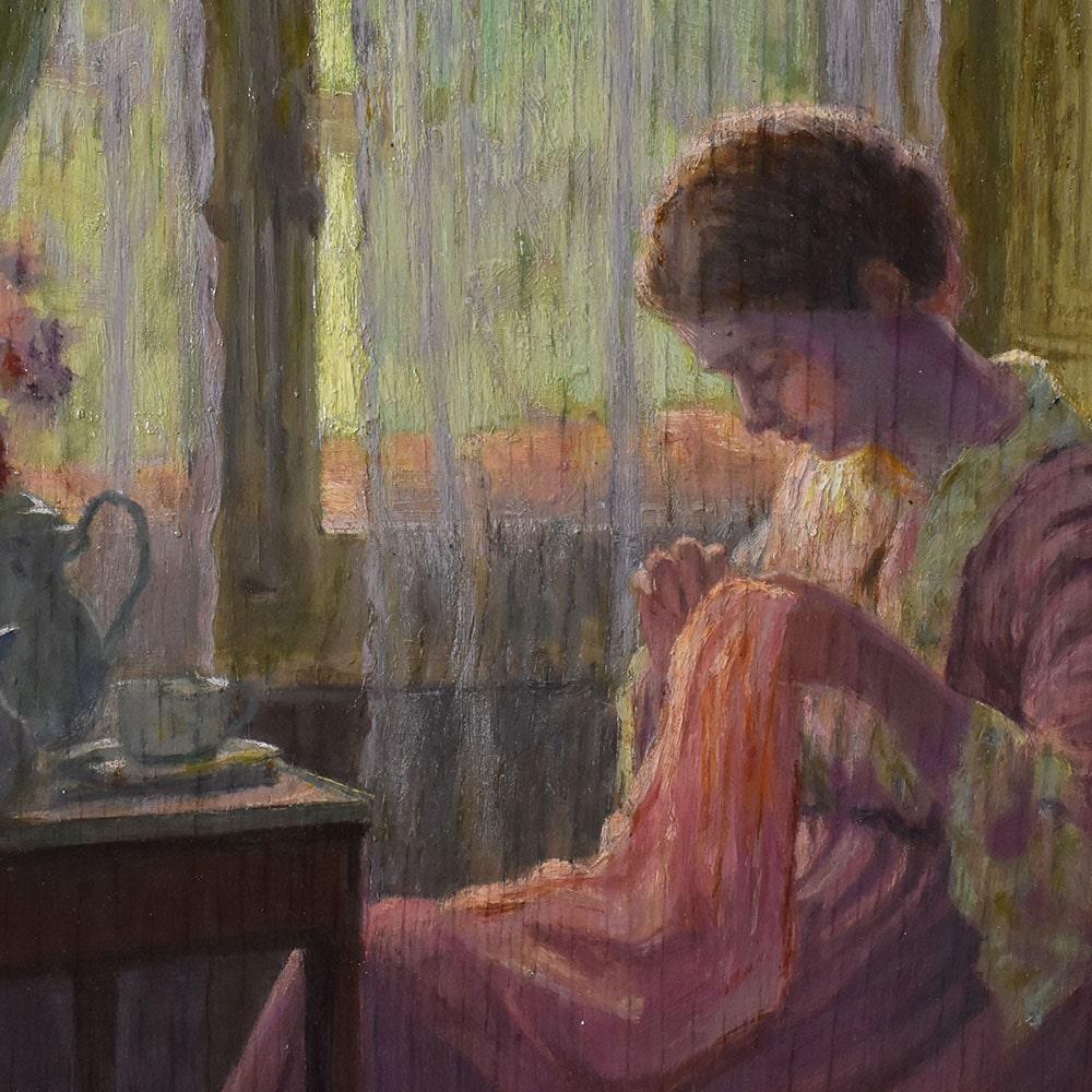 Other Antique Paintings, Portraits Of Young Woman Sewing.Oil On Board, 20th Century. For Sale
