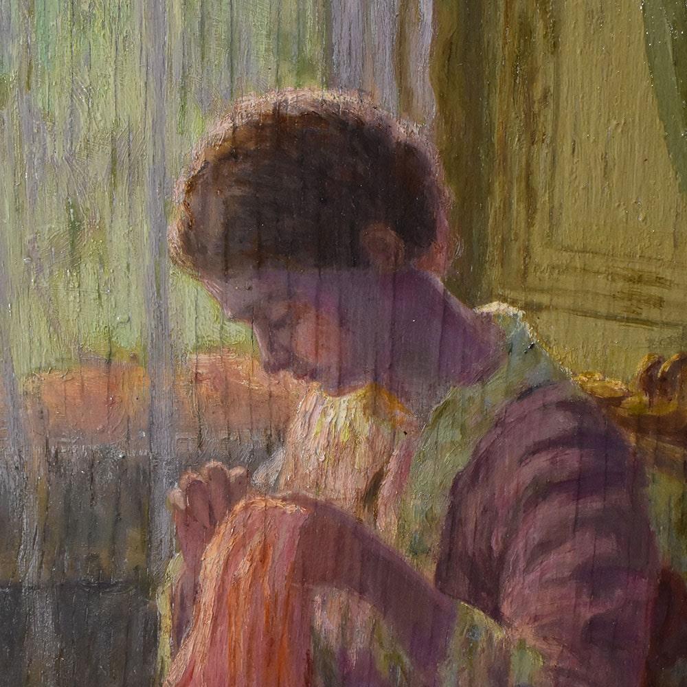 French Antique Paintings, Portraits Of Young Woman Sewing.Oil On Board, 20th Century. For Sale