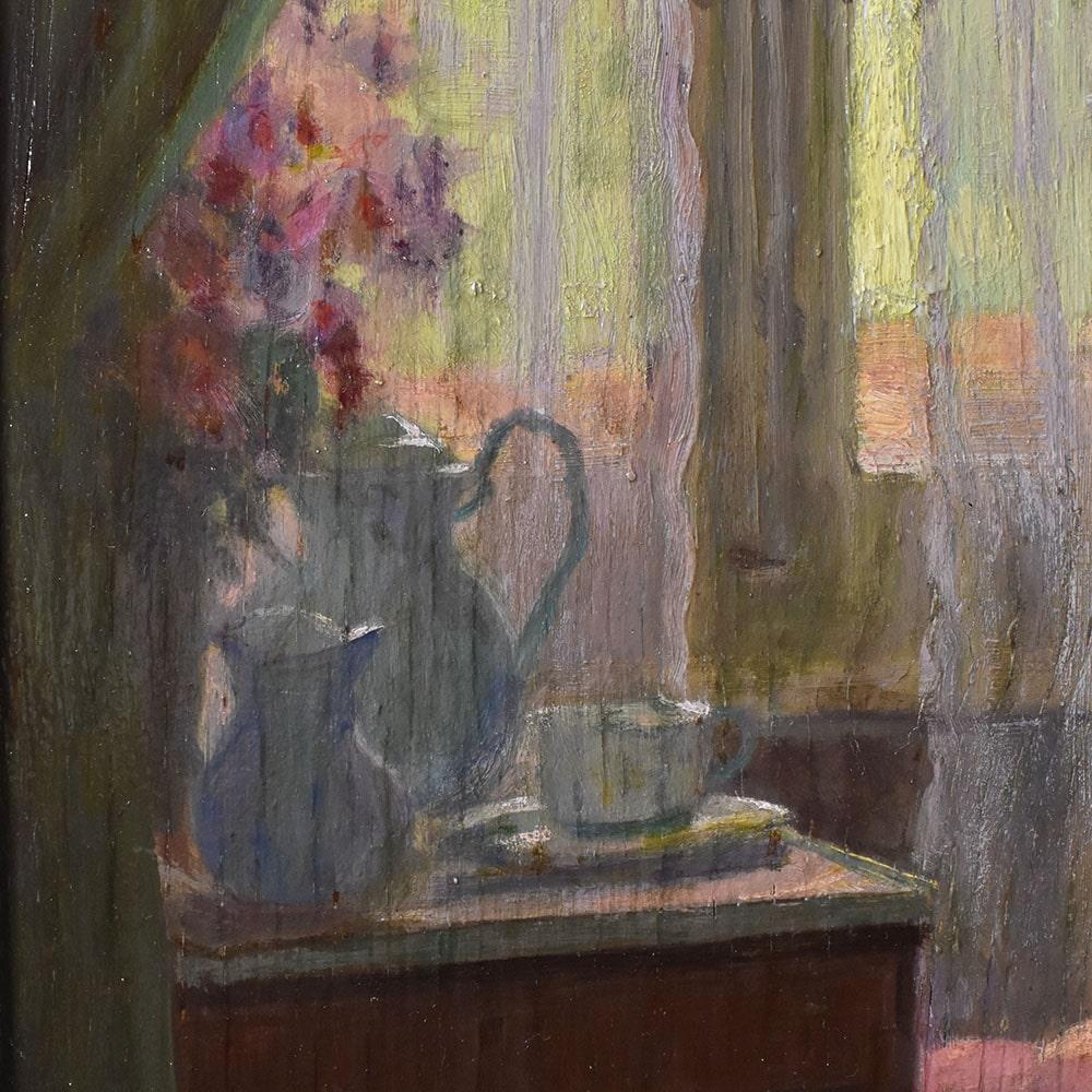 Oiled Antique Paintings, Portraits Of Young Woman Sewing.Oil On Board, 20th Century. For Sale