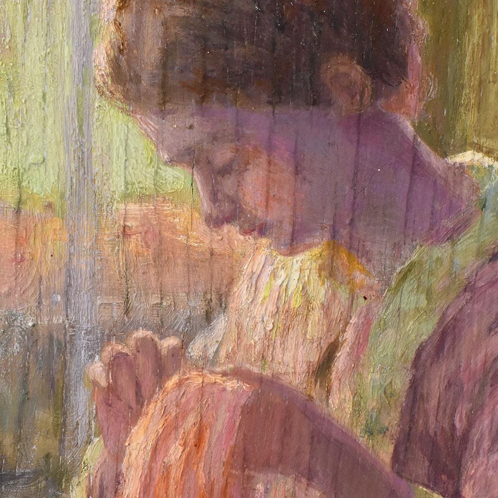 Antique Paintings, Portraits Of Young Woman Sewing.Oil On Board, 20th Century. In Good Condition For Sale In Breganze, VI