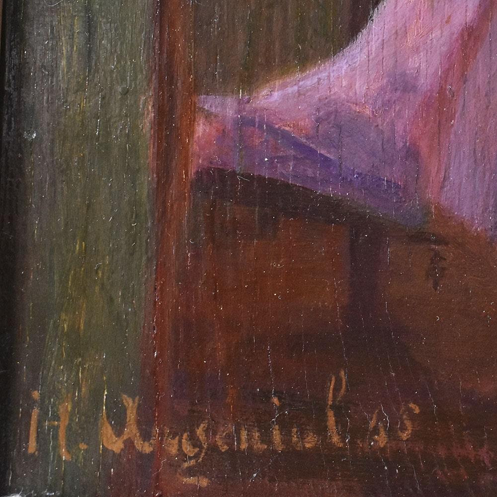 Fruitwood Antique Paintings, Portraits Of Young Woman Sewing.Oil On Board, 20th Century. For Sale