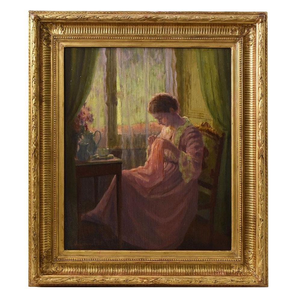 Pinturas de maestros antiguos, Retrato de una joven cosiendo. Óleo sobre tabla, siglo XX.