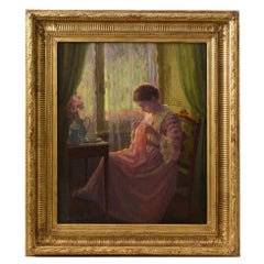 Antique Paintings, Portraits Of Young Woman Sewing.Oil On Board, 20th Century.