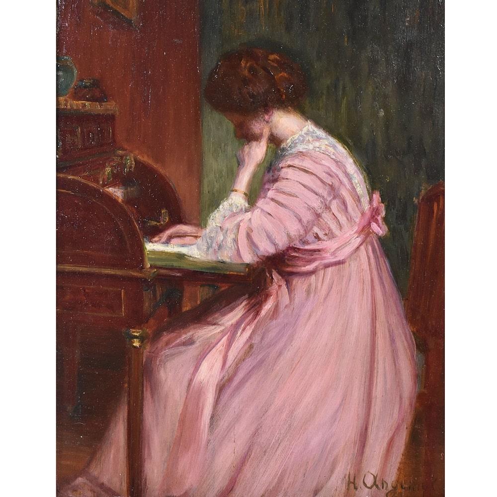 La categoría Cuadros Antiguos propone un Bel Ritratto di Giovane Donna che Legge, una pintura al óleo sobre tabla, 

della Metà del Novecento. 

Si tratta di un ritratto di ragazza in un ambiente domestico, ritratta in un momento

íntima, vestida