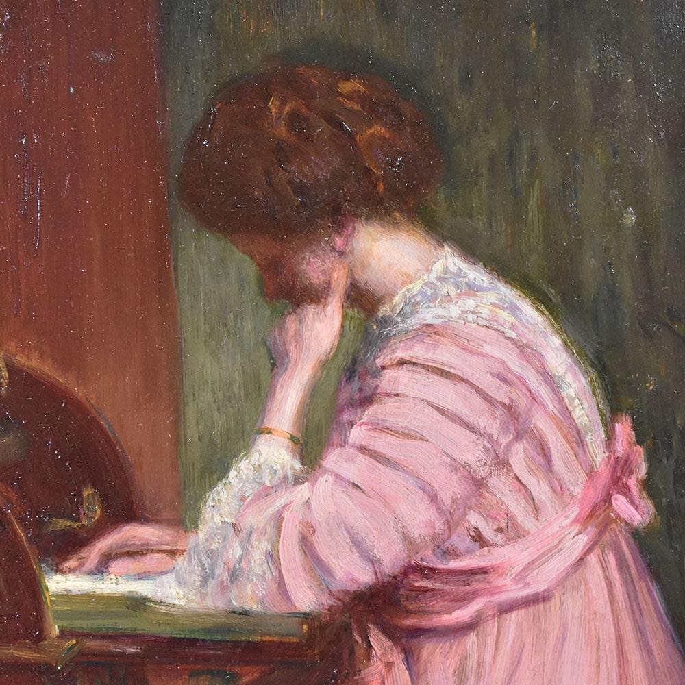 Quadri Antichi, Ritratti Di Giovane Donna Che Legge, Olio Su Tavola, XX Secolo. Art Decó en venta
