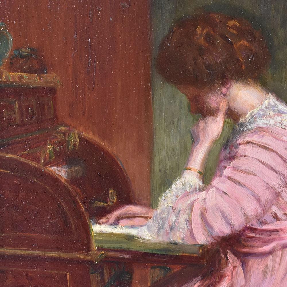 Quadri Antichi, Ritratti Di Giovane Donna Che Legge, Olio Su Tavola, XX Secolo. French en venta