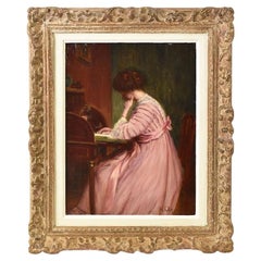 Quadri Antichi, Ritratti Di Giovane Donna Che Legge, Olio Su Tavola, XX Secolo.