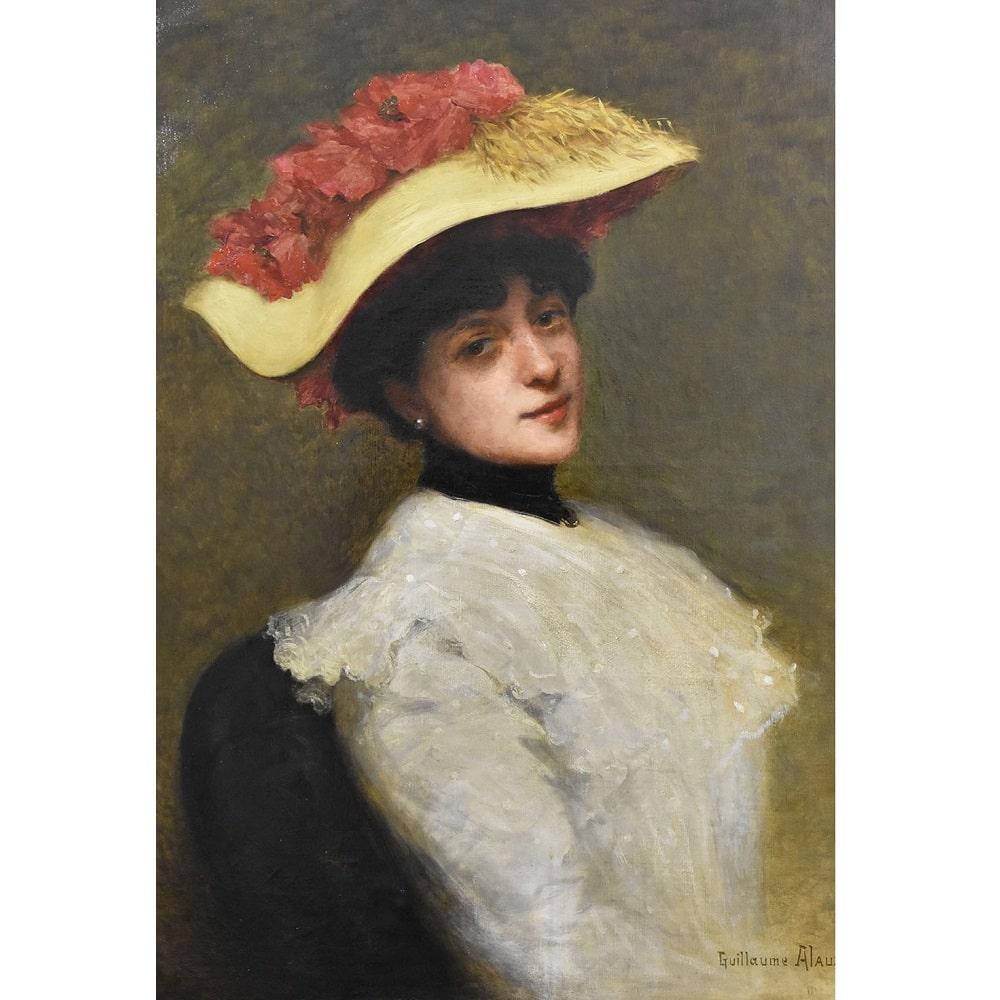  The category Antique Paintings, Antique Portraits of Women features a portrait of a Beautiful Young Girl with a
hat adorned with red flowers and an elegant white dress, an Oil Painting on Canvas, late 1800s era. 

These are portraits of Dama, a
