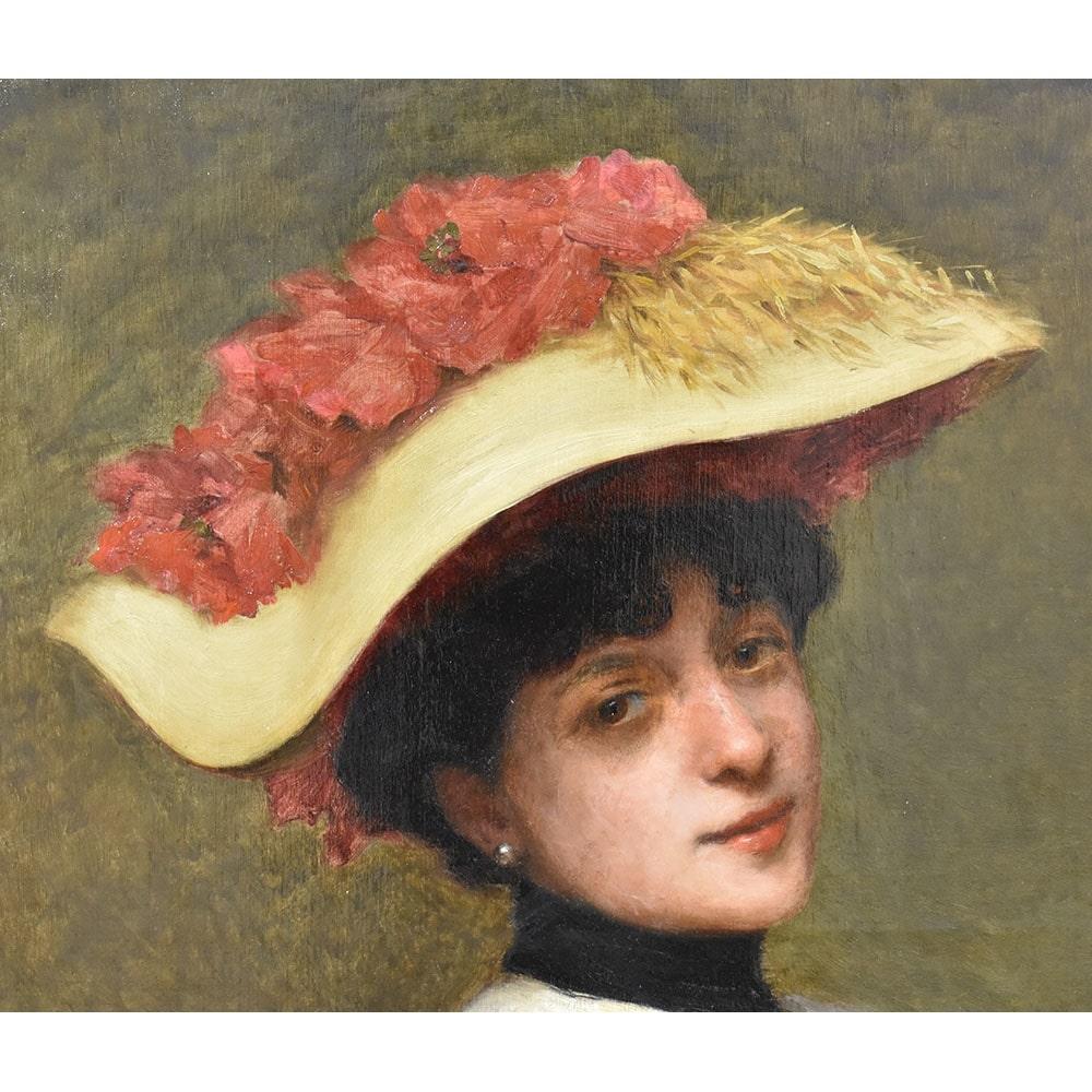 Art Nouveau Antique Paintings, Portraits of Young Woman With Hat and Red Flowers, 19th century