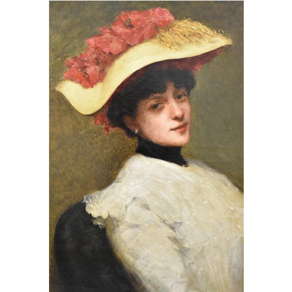 French Antique Paintings, Portraits of Young Woman With Hat and Red Flowers, 19th century