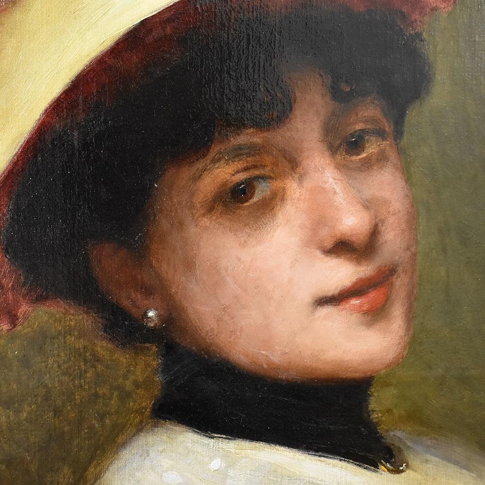 Oiled Antique Paintings, Portraits of Young Woman With Hat and Red Flowers, 19th century