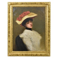 Antique Paintings, Portraits of Young Woman With Hat and Red Flowers, 19th century