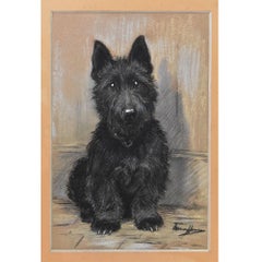 Antique Paintings, Portrait of a Dog, Black Spaniel, Pastel On Paper, 20th century.