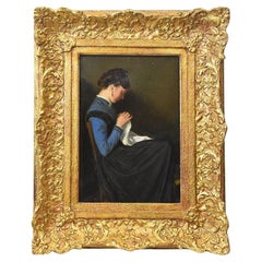 Quadri Antichi, Ritratto Di Giovane Donna Che Cuce, Pittura Olio Su Tela, XIX.