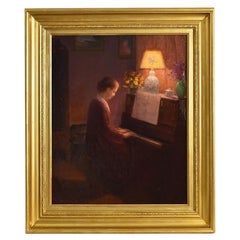  Antique Paintings, Portrait of Young Woman Playing the Piano, 20th Century.