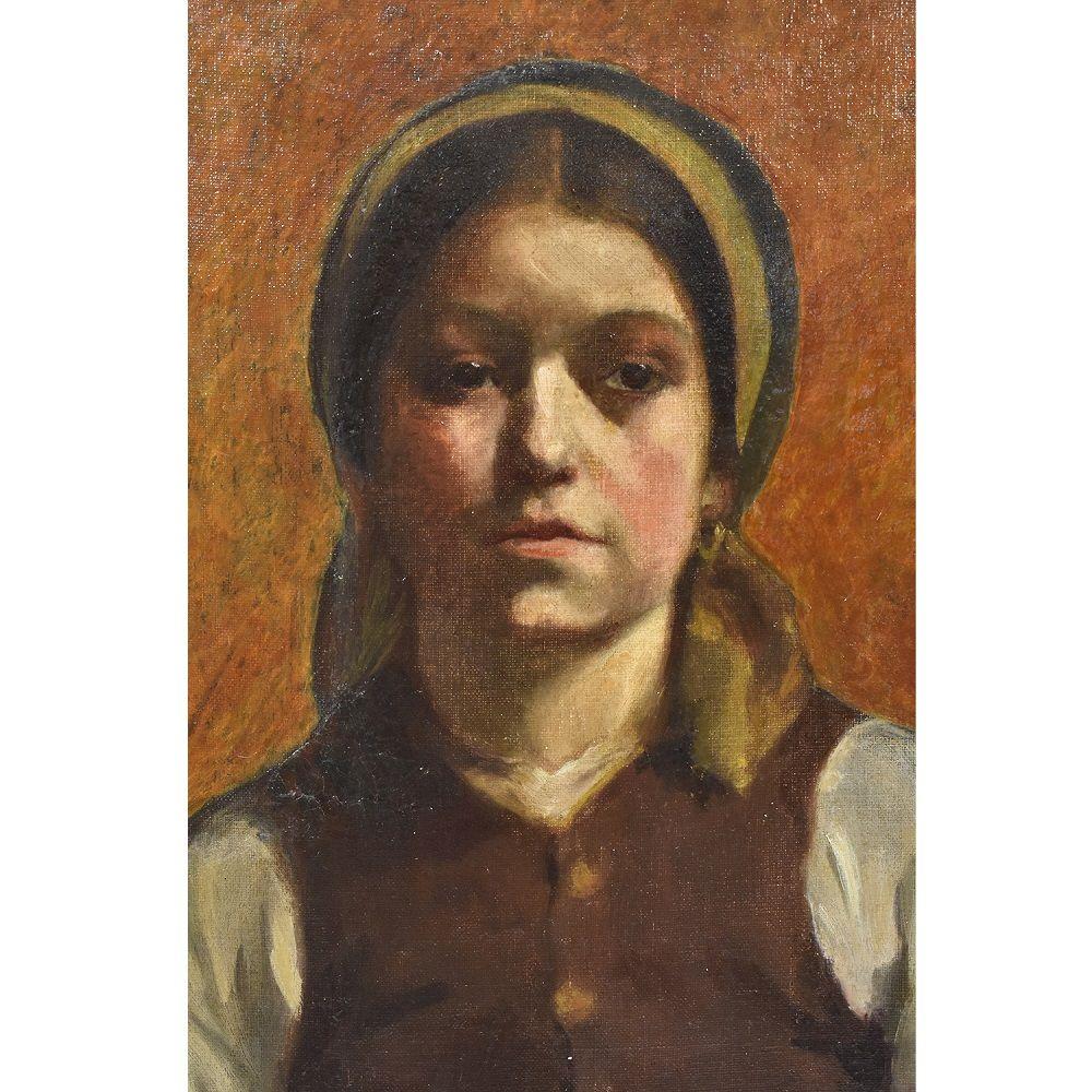 A olio Quadri Antichi, Ritratto Di Ragazza, Giovane Donna, Olio Su Tela, Inizio Del XX. in vendita