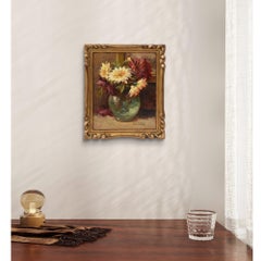 Peinture art déco, petite nature morte de fleurs de dahlia, huile sur toile, début du 20e siècle