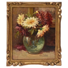 Art Deco Paintings, Small Still Life of Dahlia Flowers, Oil On Canvas, Early 20th Century