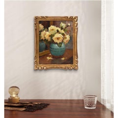 Peinture Art Déco, Petite Nature Morte de Fleurs de Rose Jaune, Huile sur Toile, XX