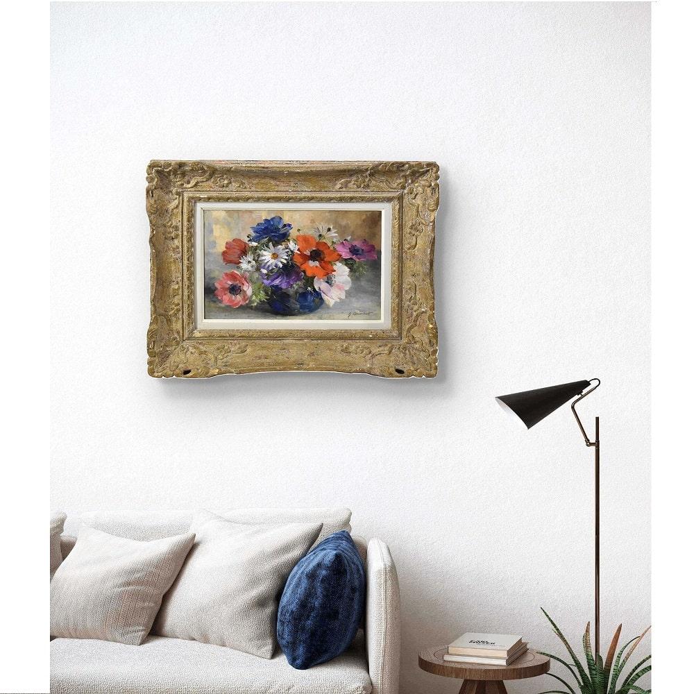 The category Antique Paintings Of Flowers, features a beautiful Oil Painting On Canvas, from the early twentieth century.

This is a pleasant still life with flowers, depicting a bouquet of Anemones and Daisies 

of various colors arranged in a blue