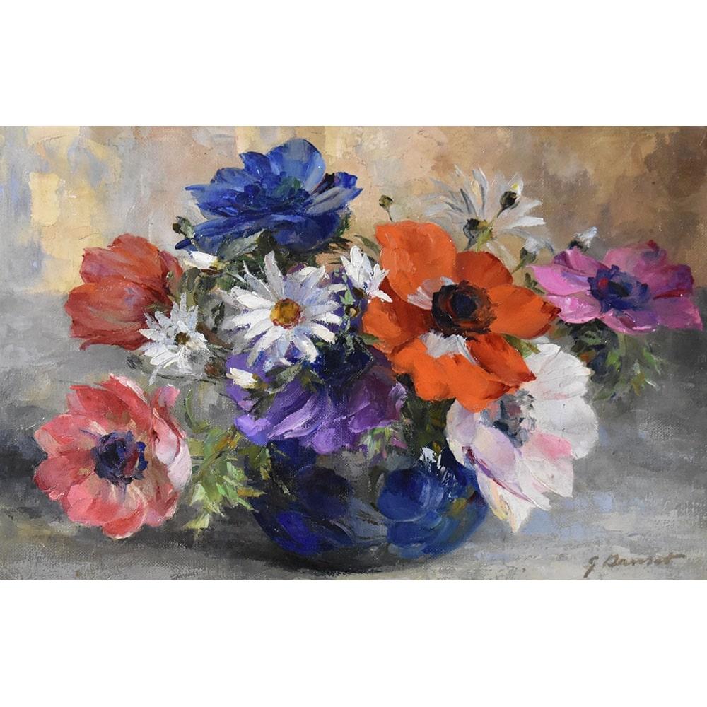 French Paintings Of Flowers, Art Deco, Anemones and Daisies, Oil On Canvas, Early 20th Century. For Sale