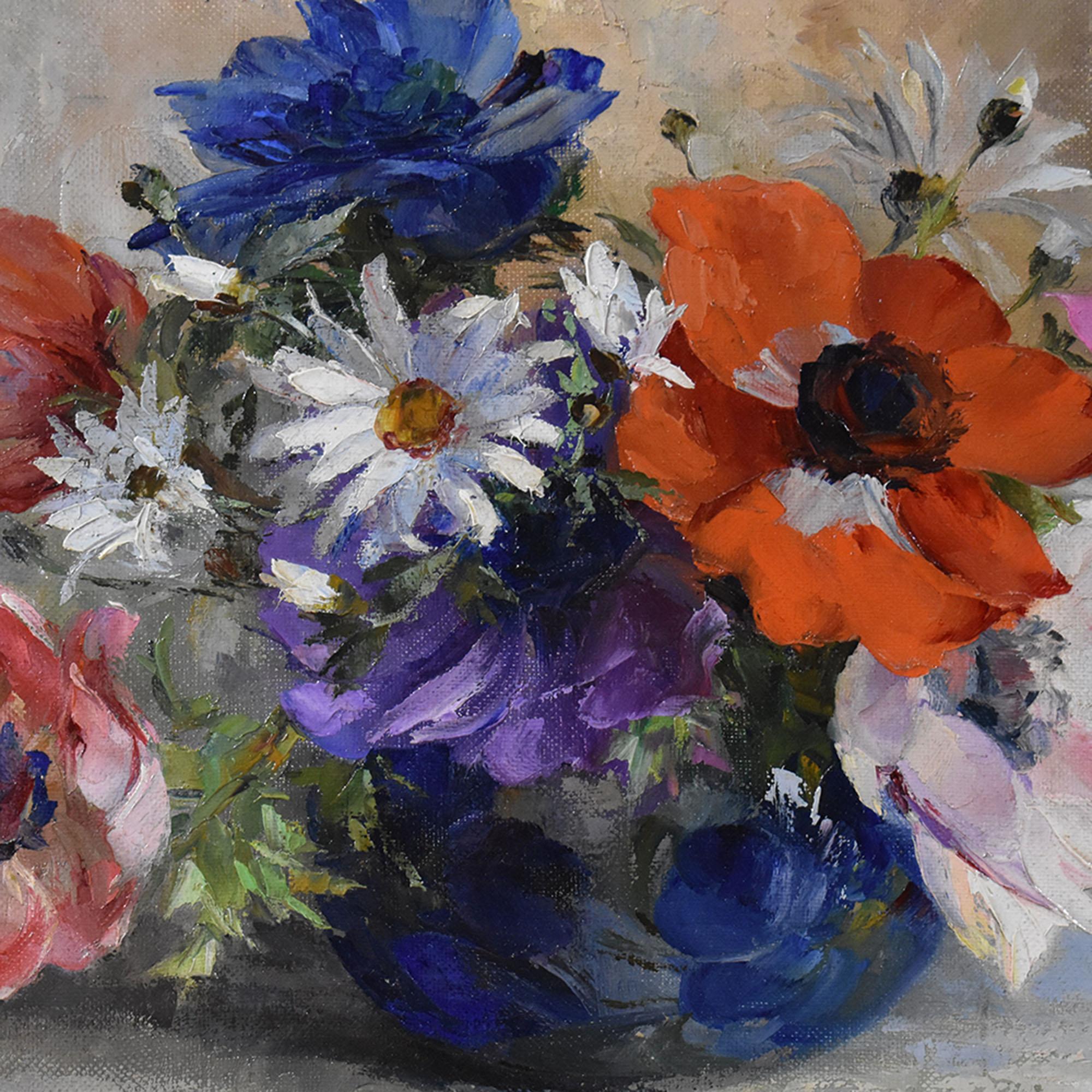 Oiled Paintings Of Flowers, Art Deco, Anemones and Daisies, Oil On Canvas, Early 20th Century. For Sale