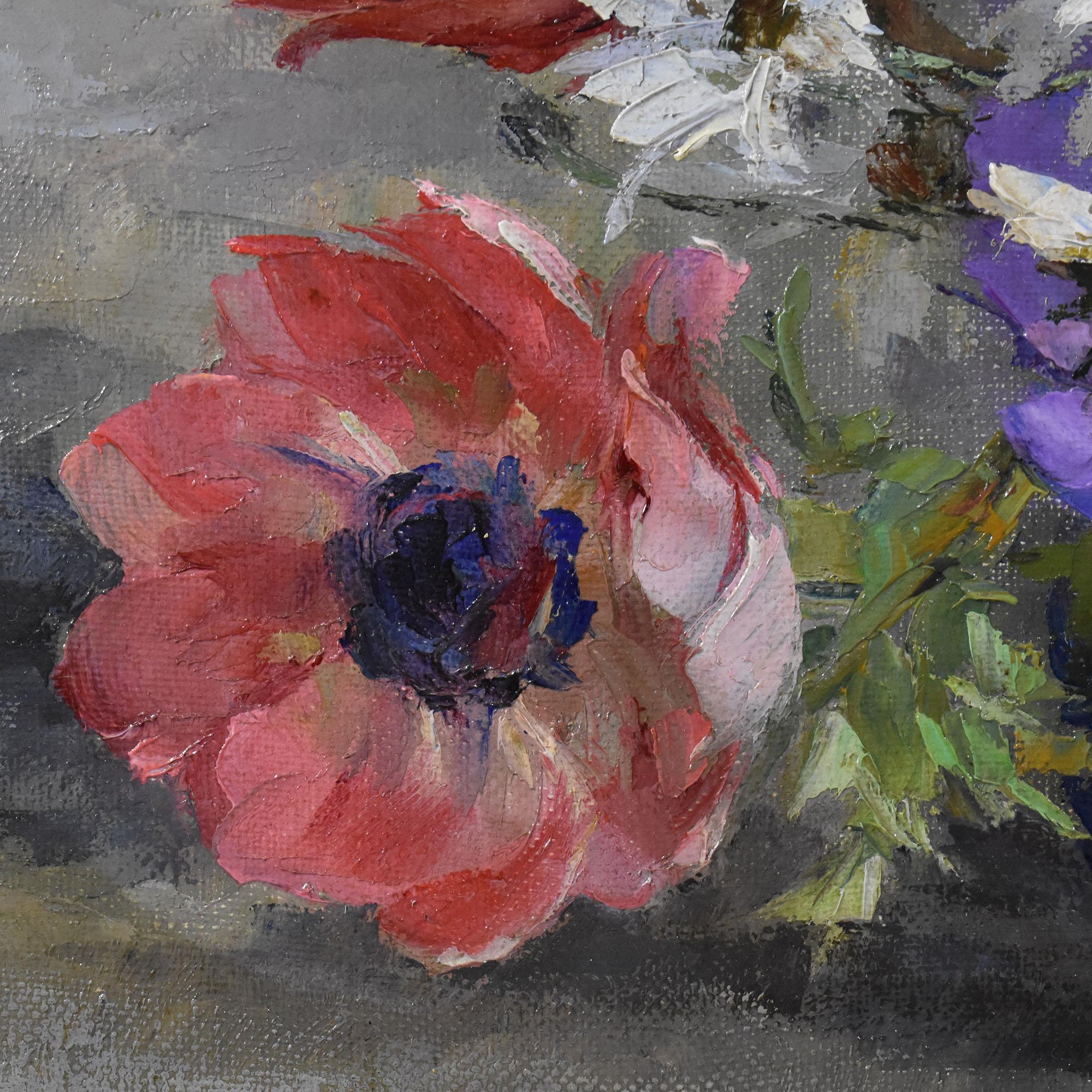 Paintings Of Flowers, Art Deco, Anemones and Daisies, Oil On Canvas, Early 20th Century. In Good Condition For Sale In Breganze, VI