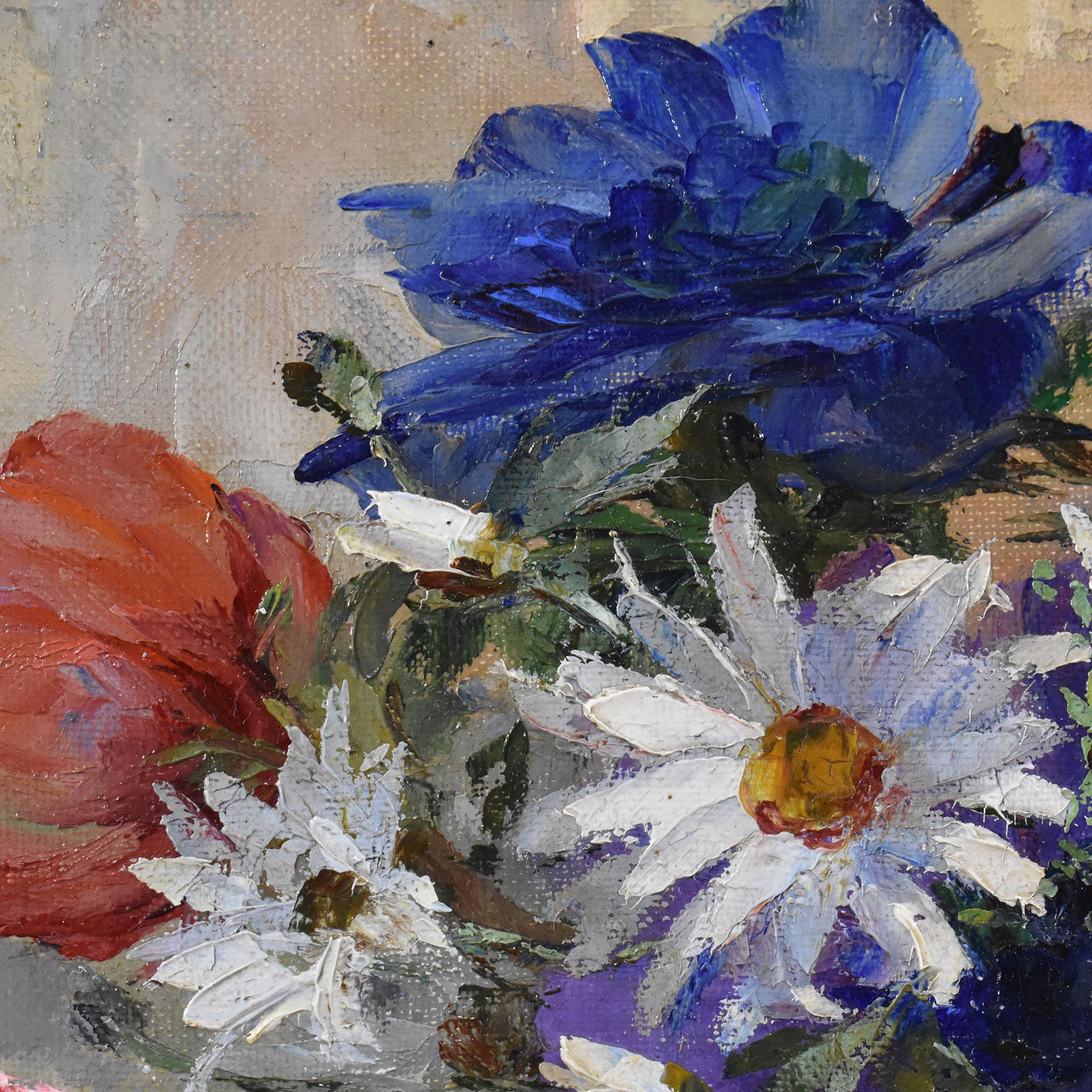 Paintings Of Flowers, Art Deco, Anemones and Daisies, Oil On Canvas, Early 20th Century. For Sale 1