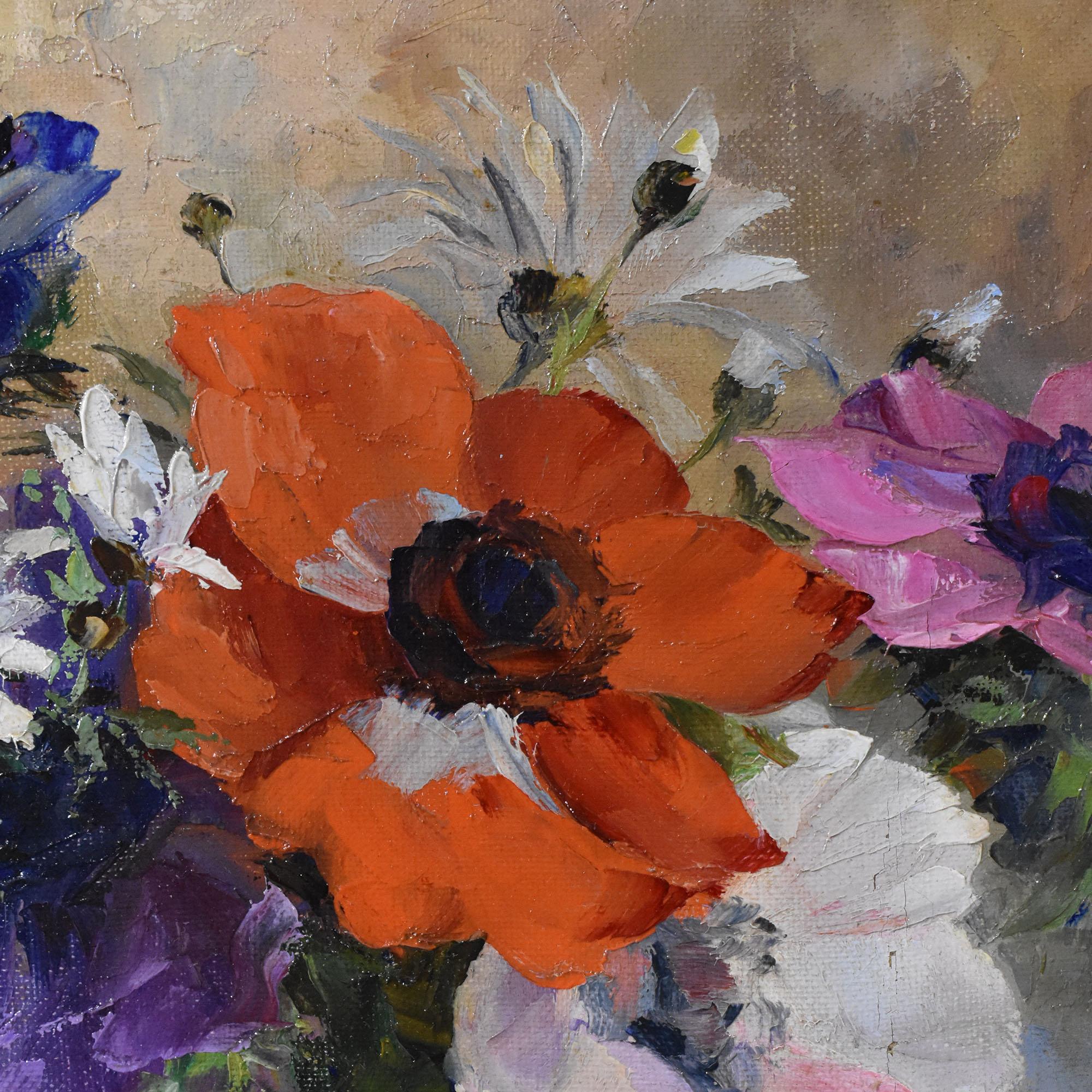 Paintings Of Flowers, Art Deco, Anemones and Daisies, Oil On Canvas, Early 20th Century. For Sale 2
