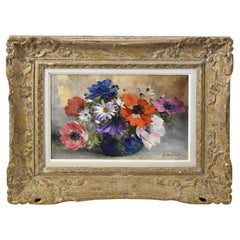 Cuadros De Flores, Art Deco, Anémonas Y Margaritas, Óleo Sobre Lienzo, Principios Siglo XX.
