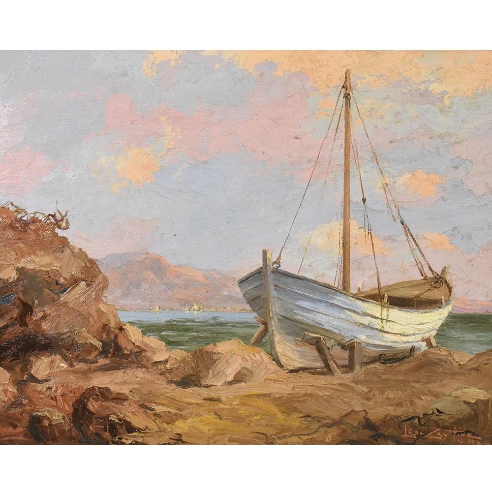 La categoria quadri antichi, Quadri Mare propone un tratto di Costa Azzurra con una Barca Bianca. 
L'opera rappresenta una marina, uno scorcio di costa rocciosa del mare Mediterraneo, 
dipinto con colori caldi.

Si tratta di una pittura ad olio su