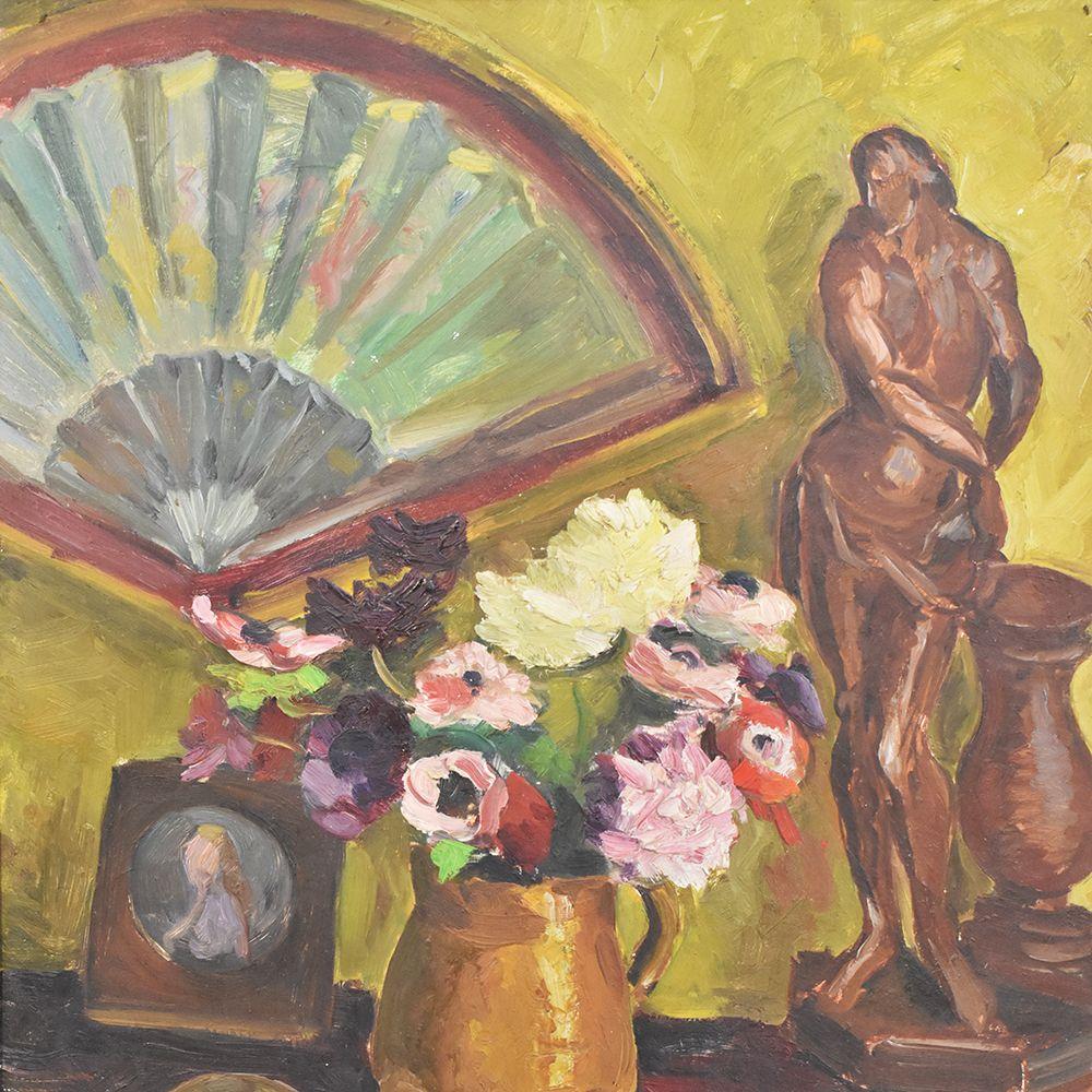 The Still Life Paintings category features an Oil Painting On Board with a Fan and a with Vase Of Anemone Flowers placed near stylized objects including a sculpture, first half of the 20th century era.

This is a harmonious composition, an oil
